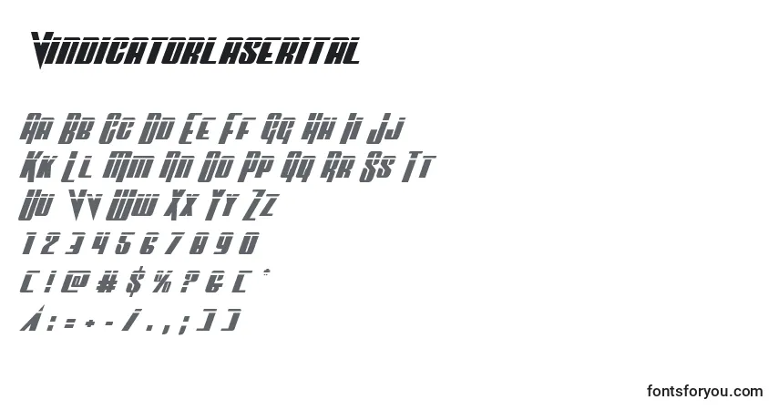 Czcionka Vindicatorlaserital – alfabet, cyfry, specjalne znaki