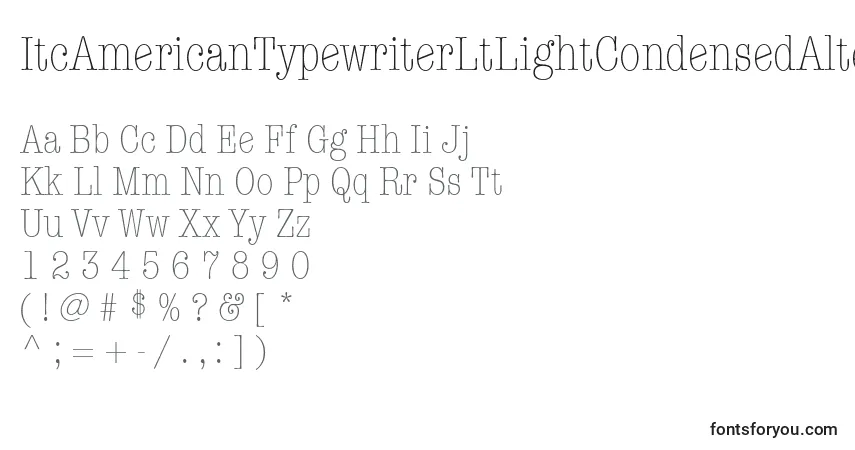 A fonte ItcAmericanTypewriterLtLightCondensedAlternate – alfabeto, números, caracteres especiais