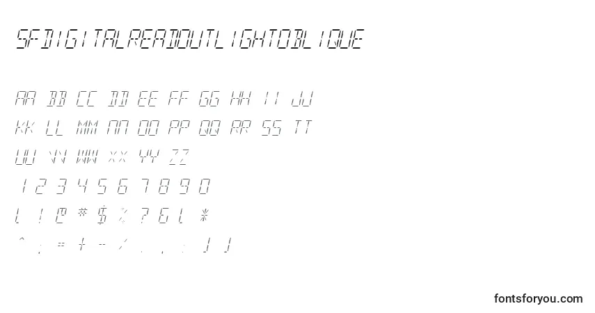 Czcionka SfDigitalReadoutLightOblique – alfabet, cyfry, specjalne znaki