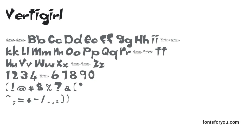 Schriftart Vertigirl – Alphabet, Zahlen, spezielle Symbole