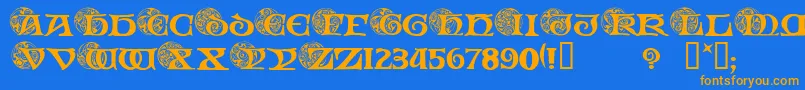 フォントSpiralInitials – オレンジ色の文字が青い背景にあります。