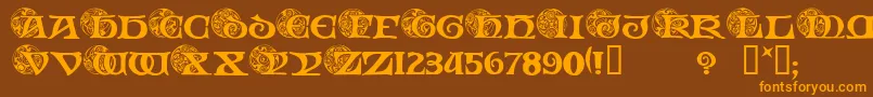 フォントSpiralInitials – オレンジ色の文字が茶色の背景にあります。