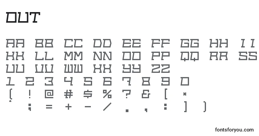 Czcionka Out – alfabet, cyfry, specjalne znaki