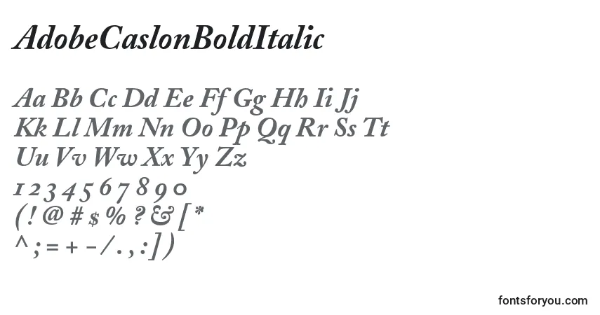 A fonte AdobeCaslonBoldItalic – alfabeto, números, caracteres especiais