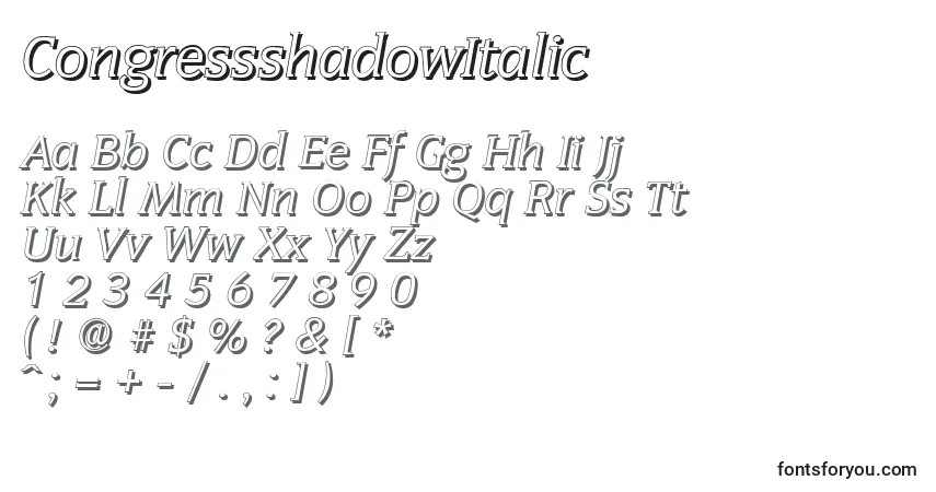 A fonte CongressshadowItalic – alfabeto, números, caracteres especiais