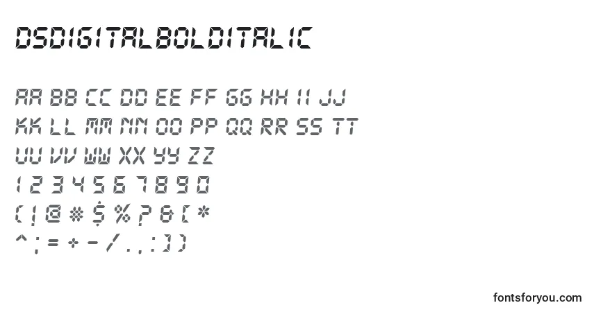 Шрифт DsDigitalBoldItalic – алфавит, цифры, специальные символы