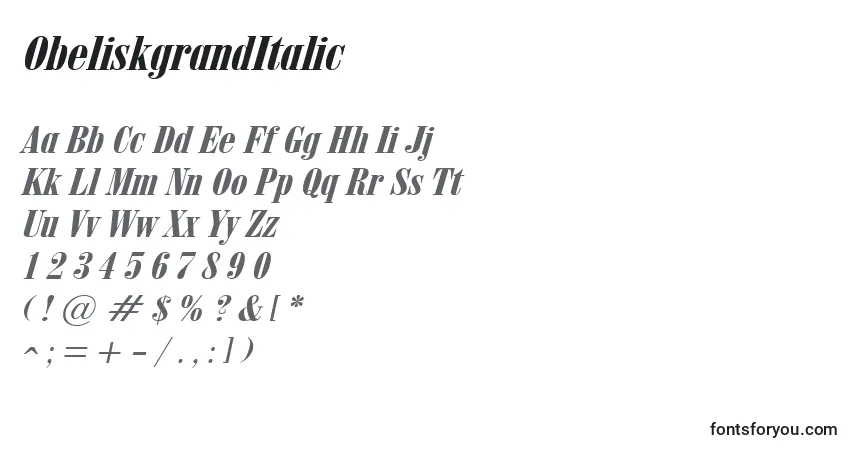 Czcionka ObeliskgrandItalic – alfabet, cyfry, specjalne znaki