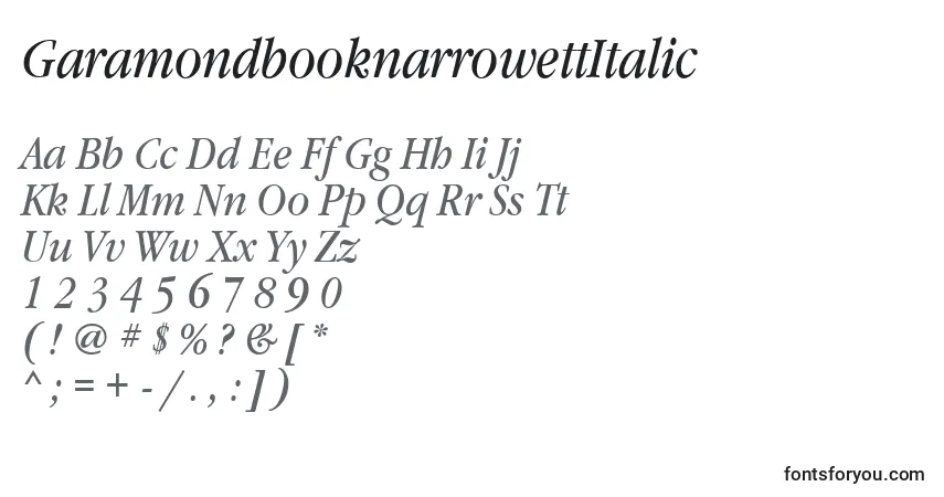 Шрифт GaramondbooknarrowettItalic – алфавит, цифры, специальные символы