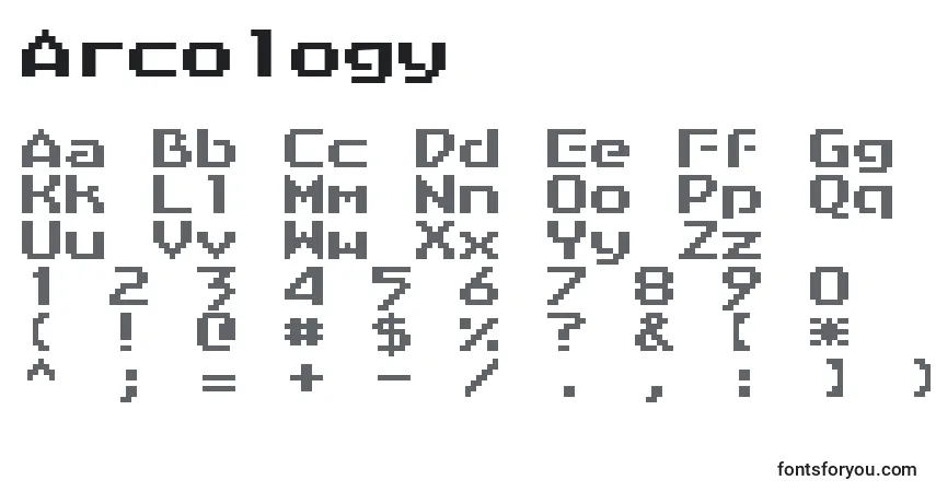 Schriftart Arcology (104275) – Alphabet, Zahlen, spezielle Symbole