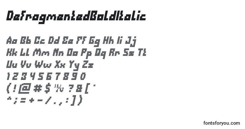 Czcionka DefragmentedBoldItalic – alfabet, cyfry, specjalne znaki