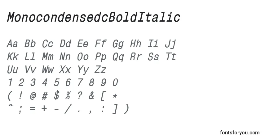 A fonte MonocondensedcBoldItalic – alfabeto, números, caracteres especiais