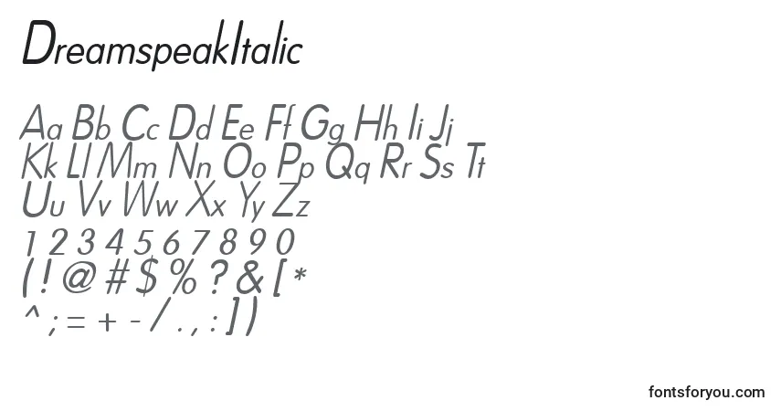 A fonte DreamspeakItalic – alfabeto, números, caracteres especiais