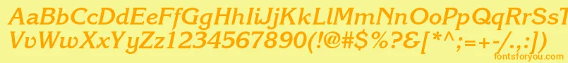 フォントKorinnastdBoldkursiv – オレンジの文字が黄色の背景にあります。