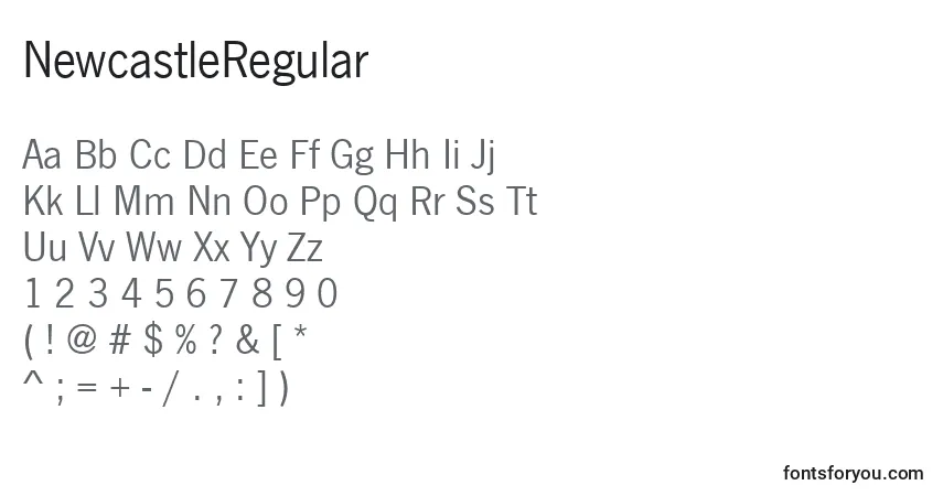 Czcionka NewcastleRegular – alfabet, cyfry, specjalne znaki