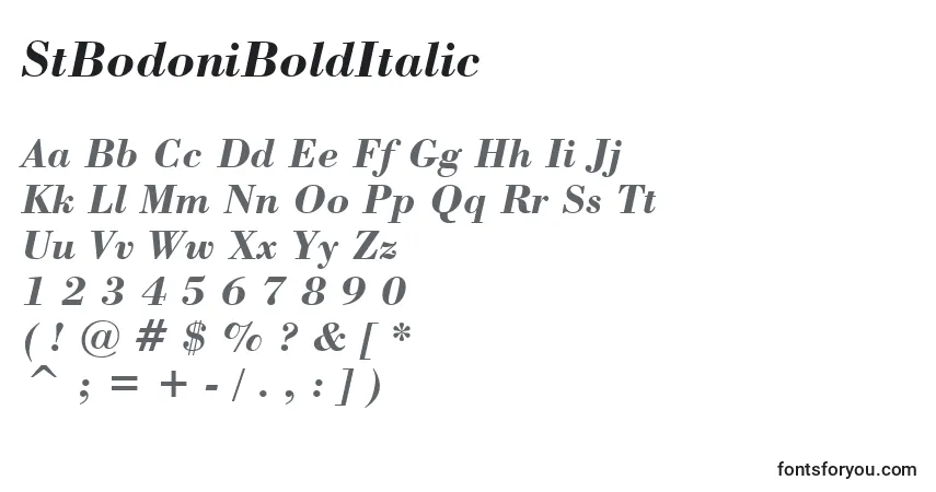 Czcionka StBodoniBoldItalic – alfabet, cyfry, specjalne znaki