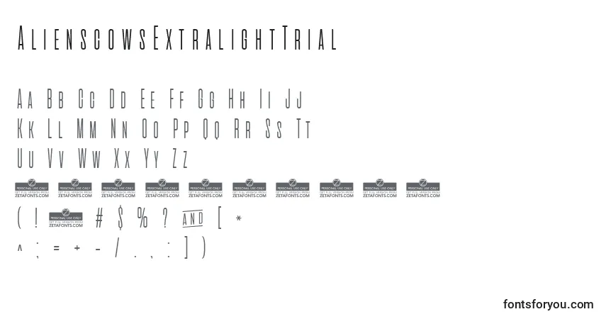 A fonte AlienscowsExtralightTrial – alfabeto, números, caracteres especiais