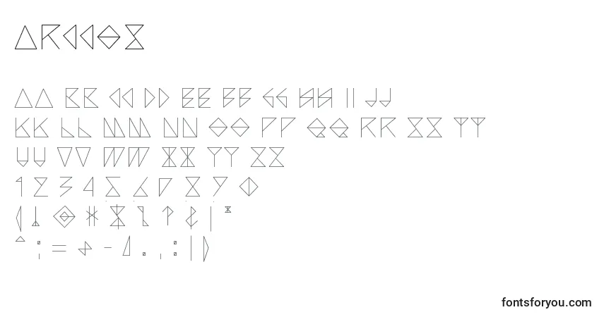 Czcionka Arccos – alfabet, cyfry, specjalne znaki
