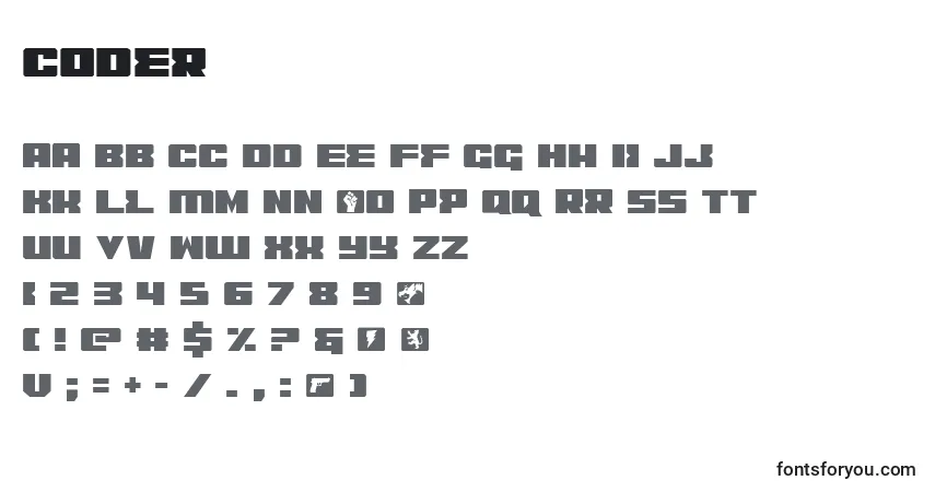 Czcionka Coder – alfabet, cyfry, specjalne znaki