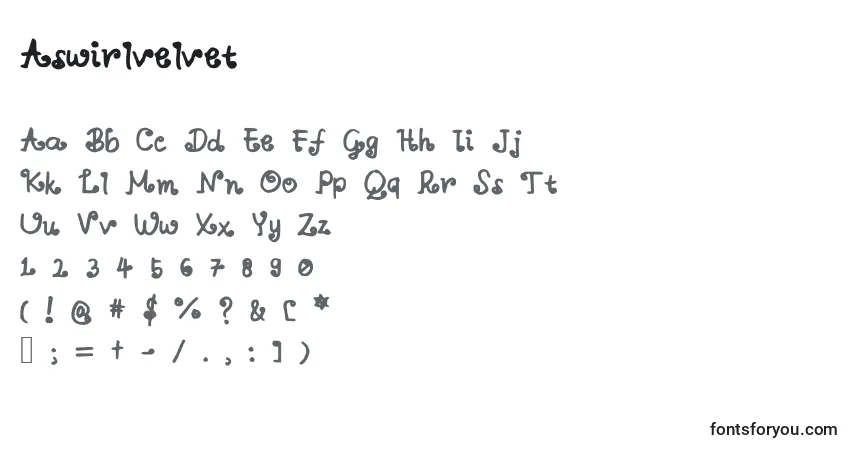A fonte Aswirlvelvet – alfabeto, números, caracteres especiais