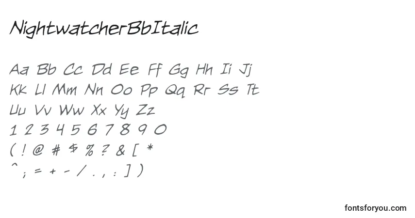 A fonte NightwatcherBbItalic – alfabeto, números, caracteres especiais