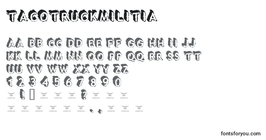 Tacotruckmilitiaフォント–アルファベット、数字、特殊文字