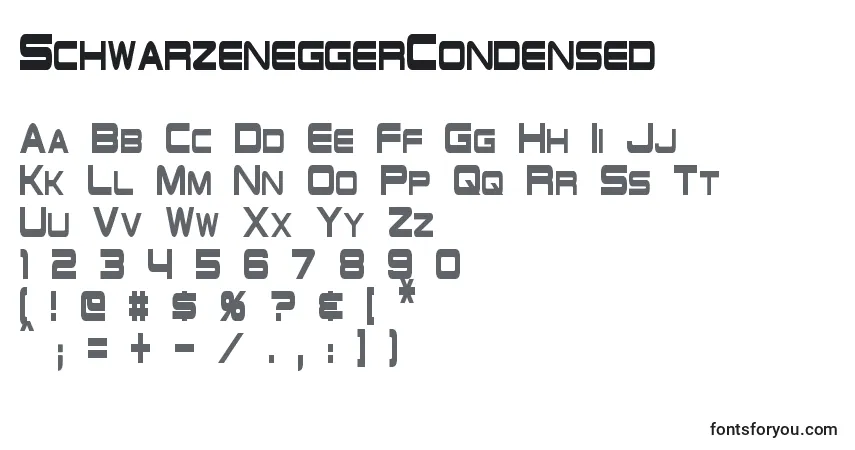 A fonte SchwarzeneggerCondensed – alfabeto, números, caracteres especiais