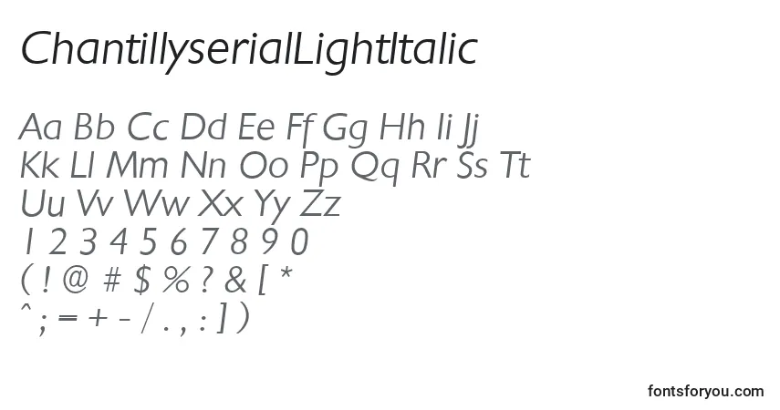 A fonte ChantillyserialLightItalic – alfabeto, números, caracteres especiais
