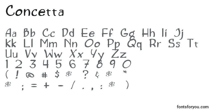 Czcionka Concetta – alfabet, cyfry, specjalne znaki