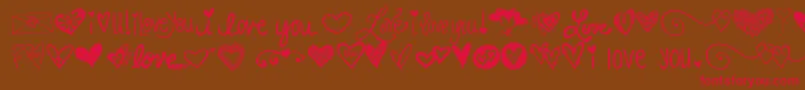 フォントKg Heart Doodles – 赤い文字が茶色の背景にあります。