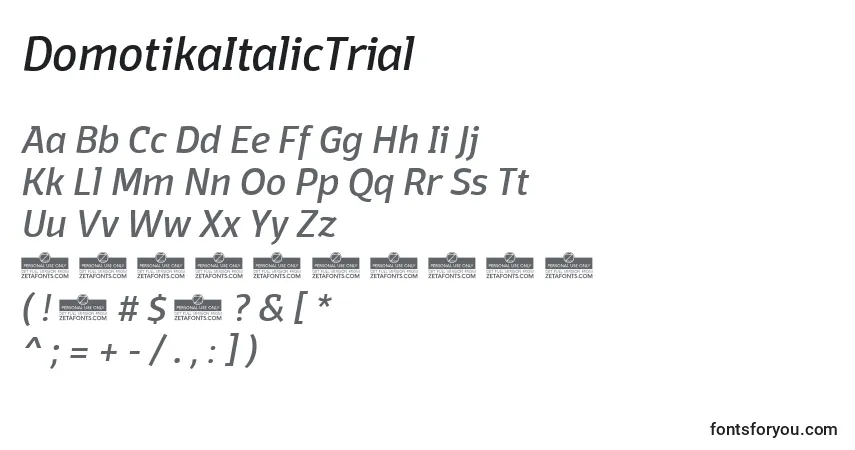Шрифт DomotikaItalicTrial – алфавит, цифры, специальные символы