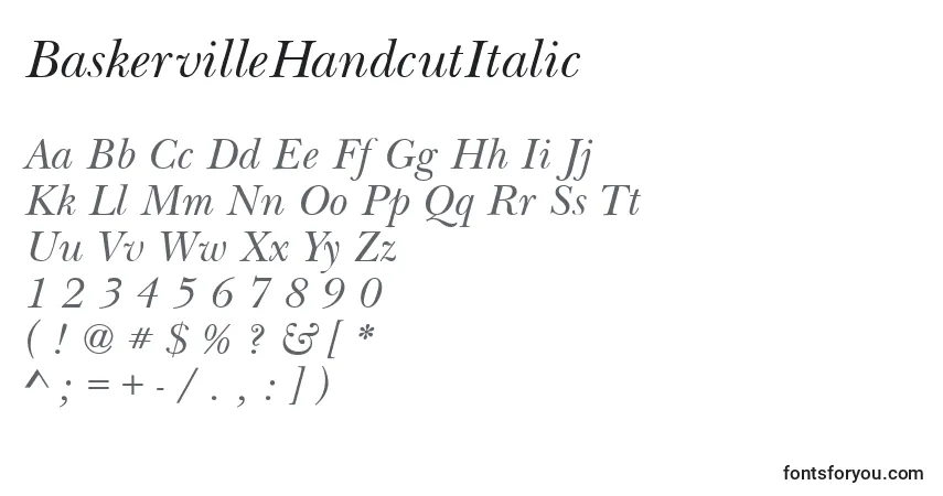 Czcionka BaskervilleHandcutItalic – alfabet, cyfry, specjalne znaki