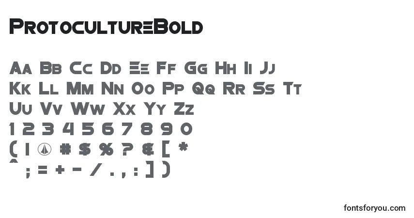 A fonte ProtocultureBold – alfabeto, números, caracteres especiais
