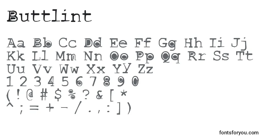 Schriftart Buttlint – Alphabet, Zahlen, spezielle Symbole