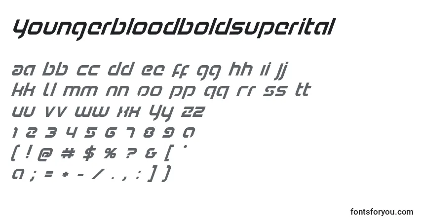 A fonte Youngerbloodboldsuperital – alfabeto, números, caracteres especiais