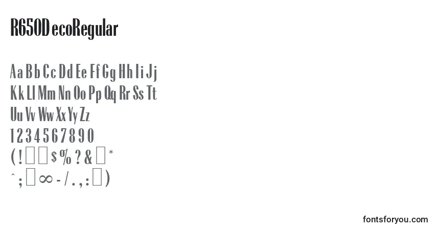 Schriftart R650DecoRegular – Alphabet, Zahlen, spezielle Symbole