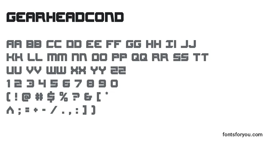 Schriftart Gearheadcond – Alphabet, Zahlen, spezielle Symbole