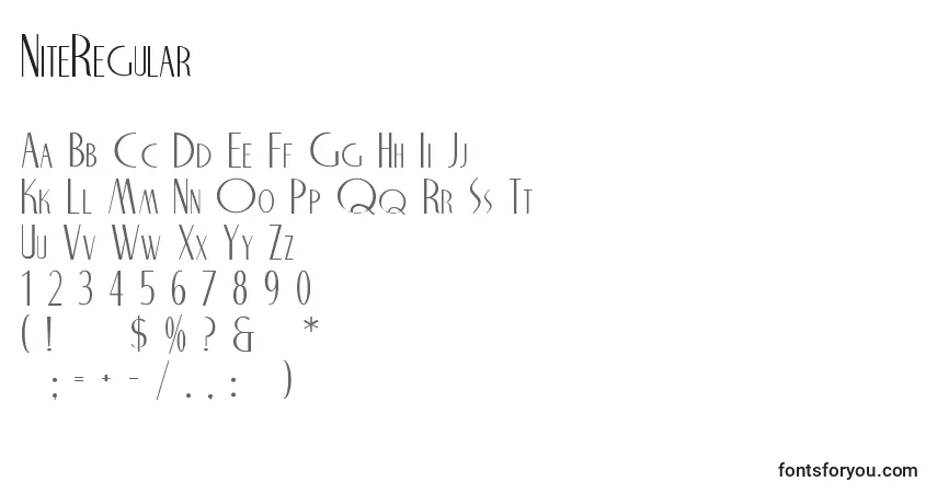 A fonte NiteRegular – alfabeto, números, caracteres especiais