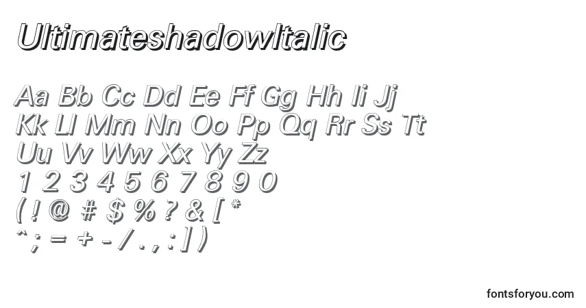 Шрифт UltimateshadowItalic – алфавит, цифры, специальные символы