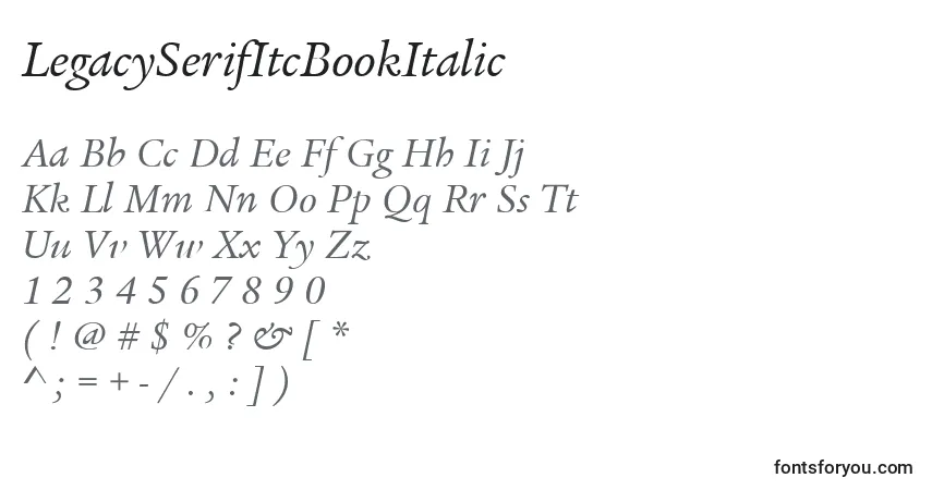 A fonte LegacySerifItcBookItalic – alfabeto, números, caracteres especiais