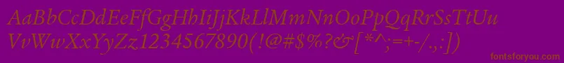 LegacySerifItcBookItalic-Schriftart – Braune Schriften auf violettem Hintergrund