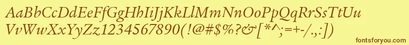LegacySerifItcBookItalic-fontti – ruskeat fontit keltaisella taustalla