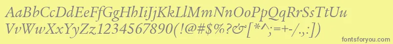 LegacySerifItcBookItalic-Schriftart – Graue Schriften auf gelbem Hintergrund