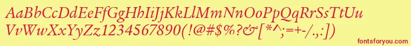Fonte LegacySerifItcBookItalic – fontes vermelhas em um fundo amarelo