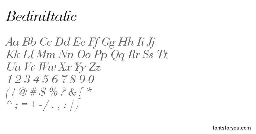 Schriftart BediniItalic – Alphabet, Zahlen, spezielle Symbole