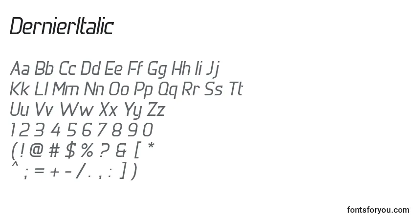 Czcionka DernierItalic – alfabet, cyfry, specjalne znaki
