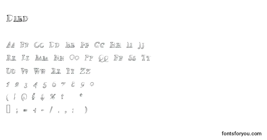 A fonte Died – alfabeto, números, caracteres especiais