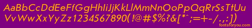 JournalsanscItalic-Schriftart – Orangefarbene Schriften auf violettem Hintergrund