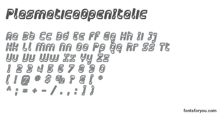 A fonte PlasmaticaOpenItalic – alfabeto, números, caracteres especiais