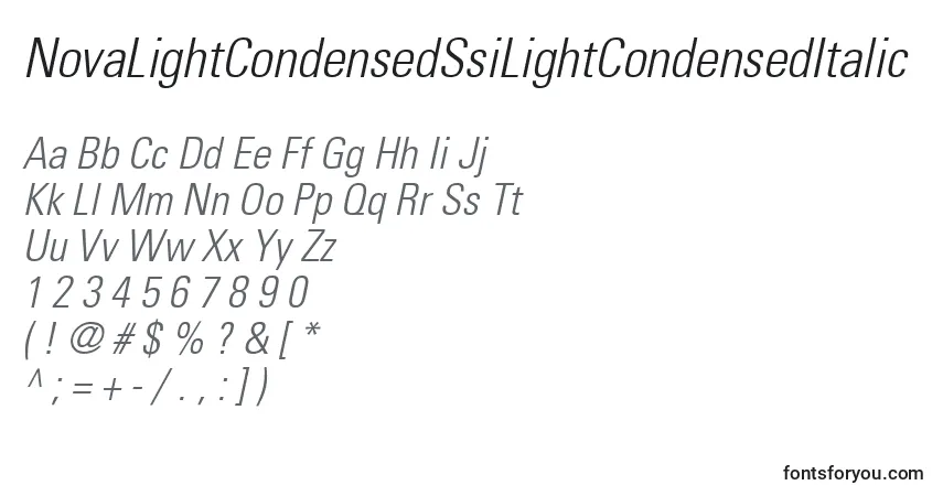A fonte NovaLightCondensedSsiLightCondensedItalic – alfabeto, números, caracteres especiais