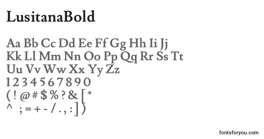 Czcionka LusitanaBold – alfabet, cyfry, specjalne znaki
